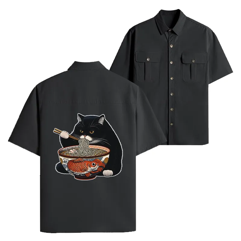 Tokyo-Tiger Fat Cat Eating Ramen Work Shirt