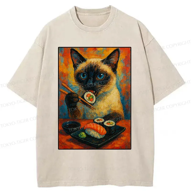 Tokyo-Tiger Siamese Cat Eating Sushi Washed T-Shirt