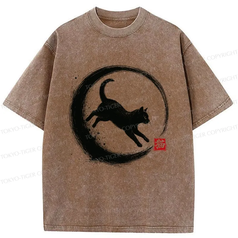 Tokyo-Tiger Retro Cat Enso Japanese Washed T-Shirt