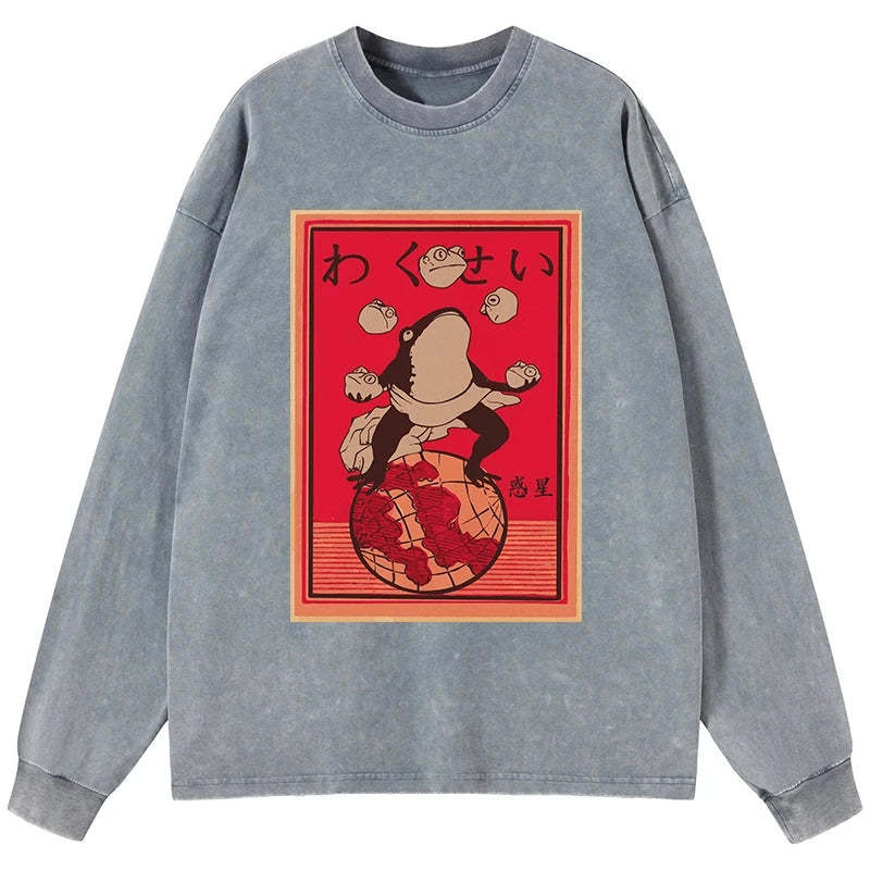 Tokyo-Tiger Wakusei Frog Funny Washed Long Sleeve T-Shirt Sale