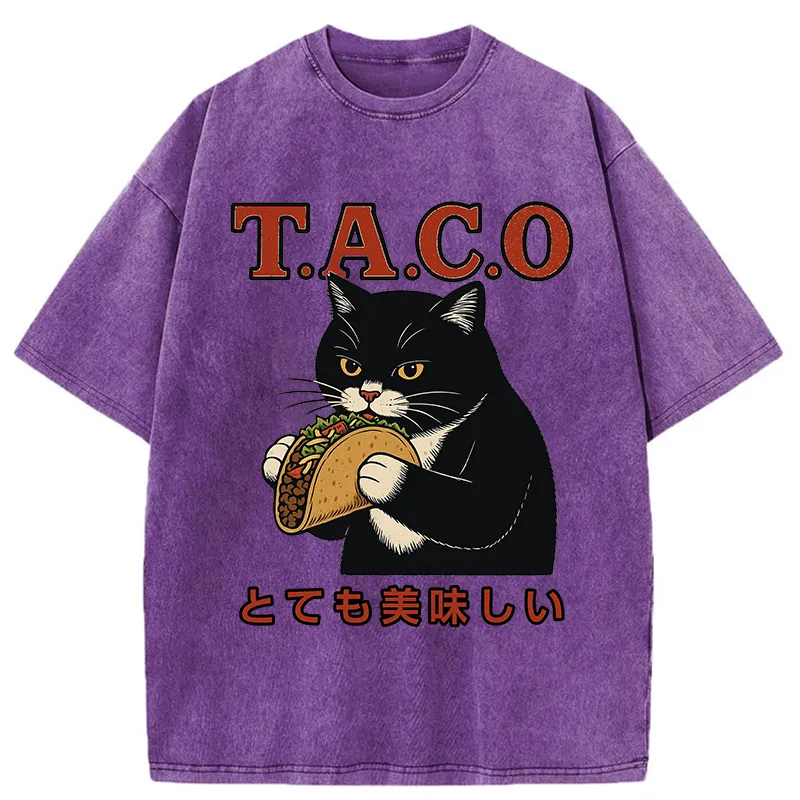 Tokyo-Tiger Cat Eating Taco Washed T-Shirt