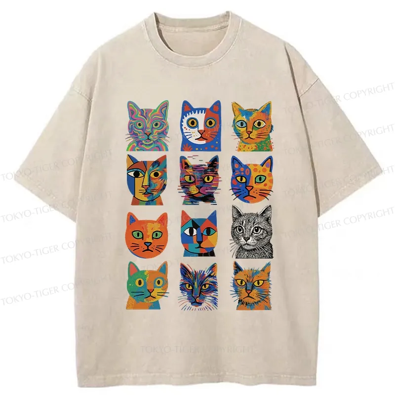 Tokyo-Tiger Abstract Cats Collection Washed T-Shirt