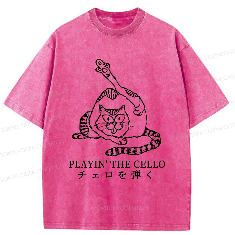 Tokyo-Tiger Cat Playing Cello Washed T-Shirt