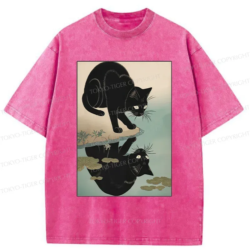 Tokyo-Tiger Cat Drinking River Water Washed T-Shirt