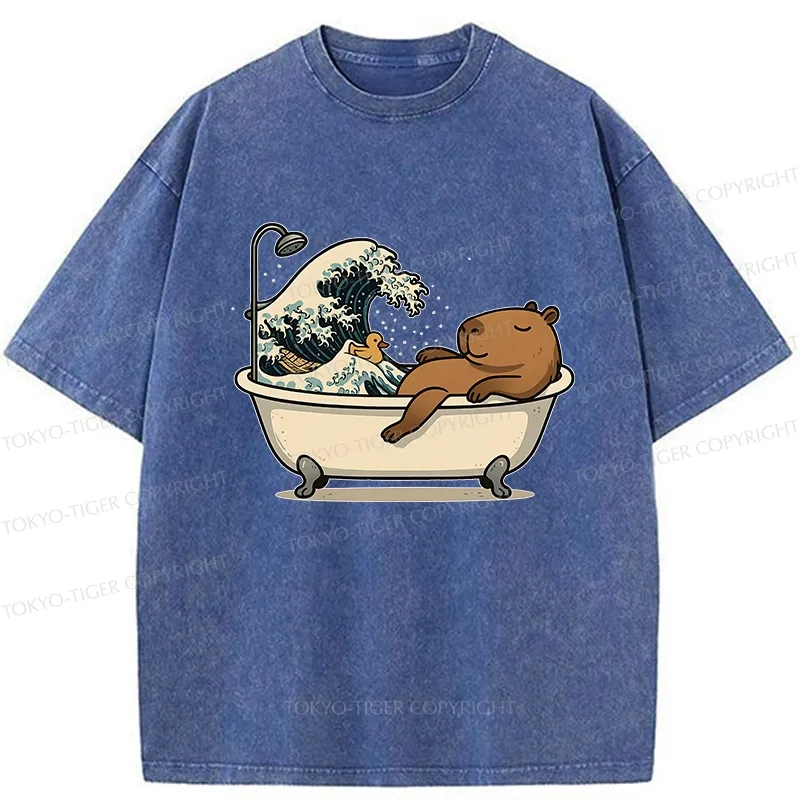 Tokyo-Tiger Funny Capybara Bathing Washed T-Shirt