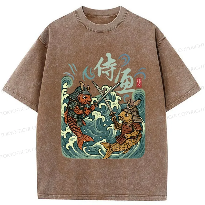 Tokyo-Tiger Japanese Samurai Fish Washed T-Shirt