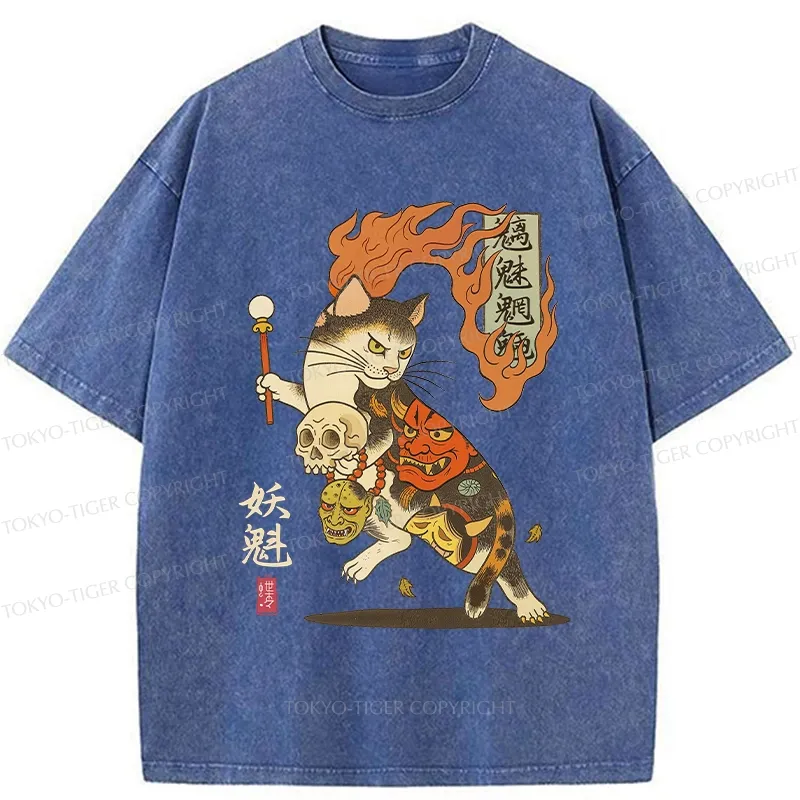 Tokyo-Tiger The Fiery Spirit Of The Yokai Cat Washed T-Shirt