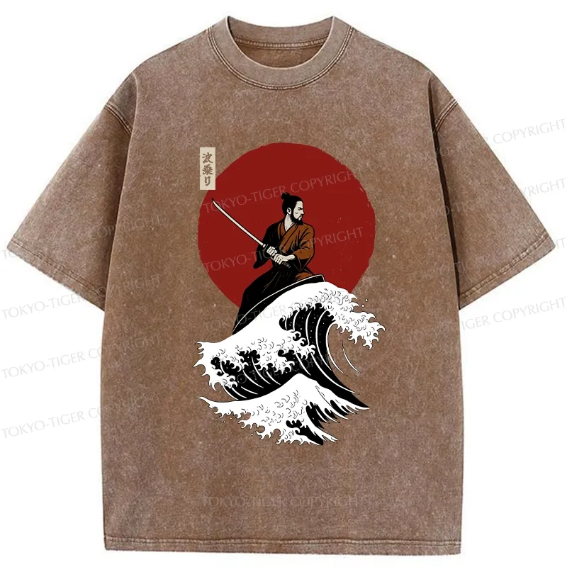 Tokyo-Tiger Surfing Japanese Samurai Washed T-Shirt