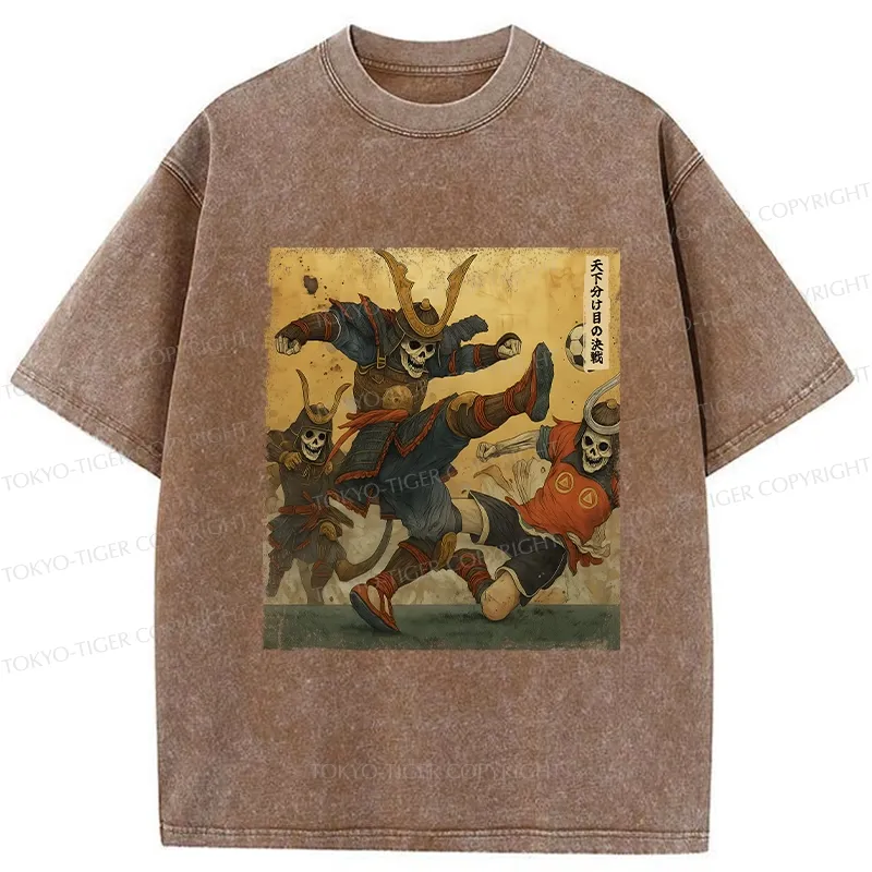 Tokyo-Tiger Skeleton Samurai Playing Football Washed T-Shirt