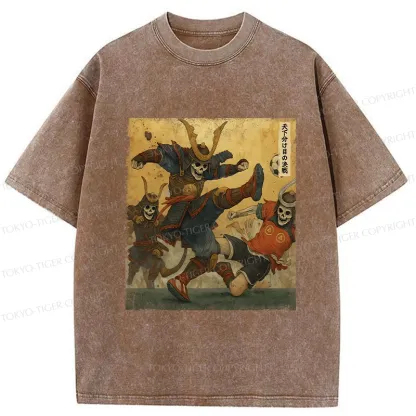 Tokyo-Tiger Skeleton Samurai Playing Football Washed T-Shirt