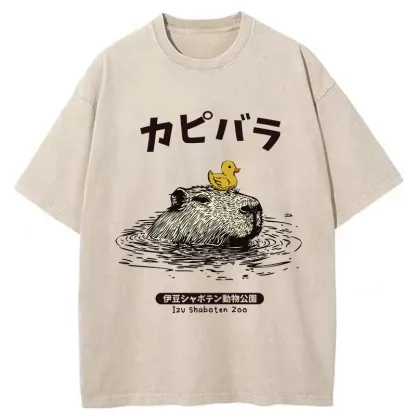Tokyo-Tiger Relaxed Hot Spring Capybara Washed T-Shirt