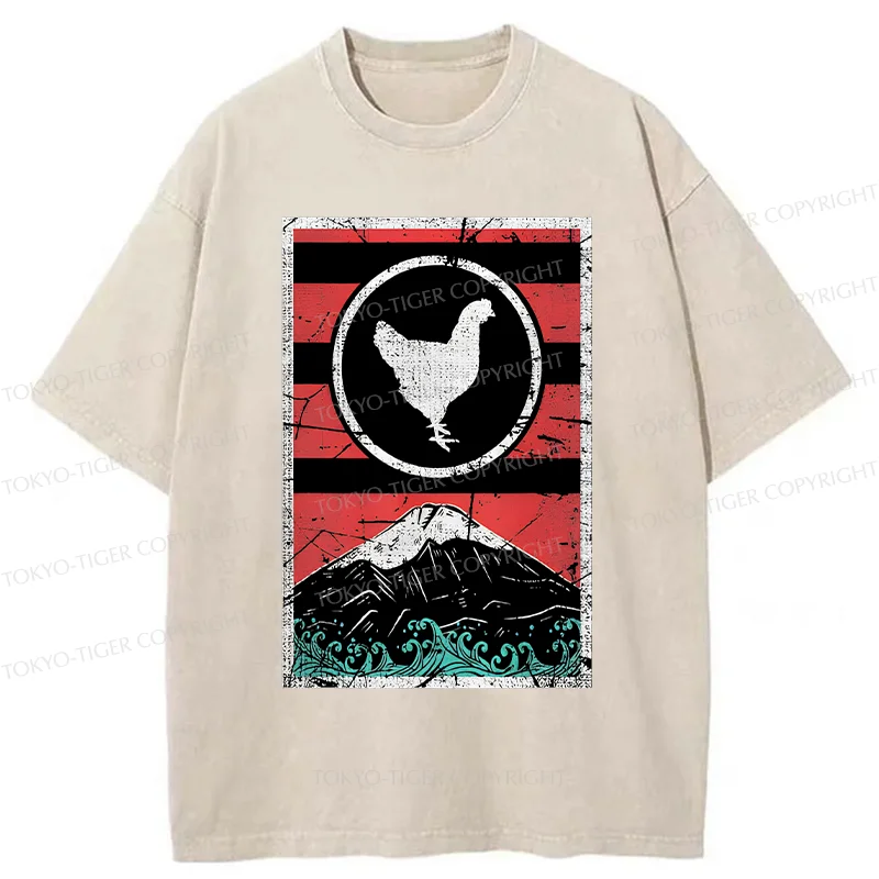 Tokyo-Tiger Mount Fuji And Chicken Washed T-Shirt
