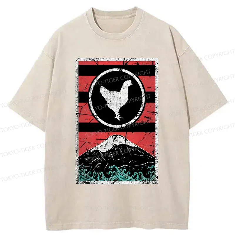 Tokyo-Tiger Mount Fuji And Chicken Washed T-Shirt