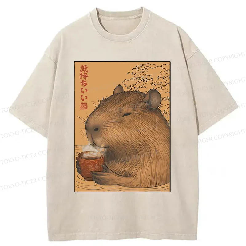 Tokyo-Tiger Capybara Taking A Bath Washed T-Shirt