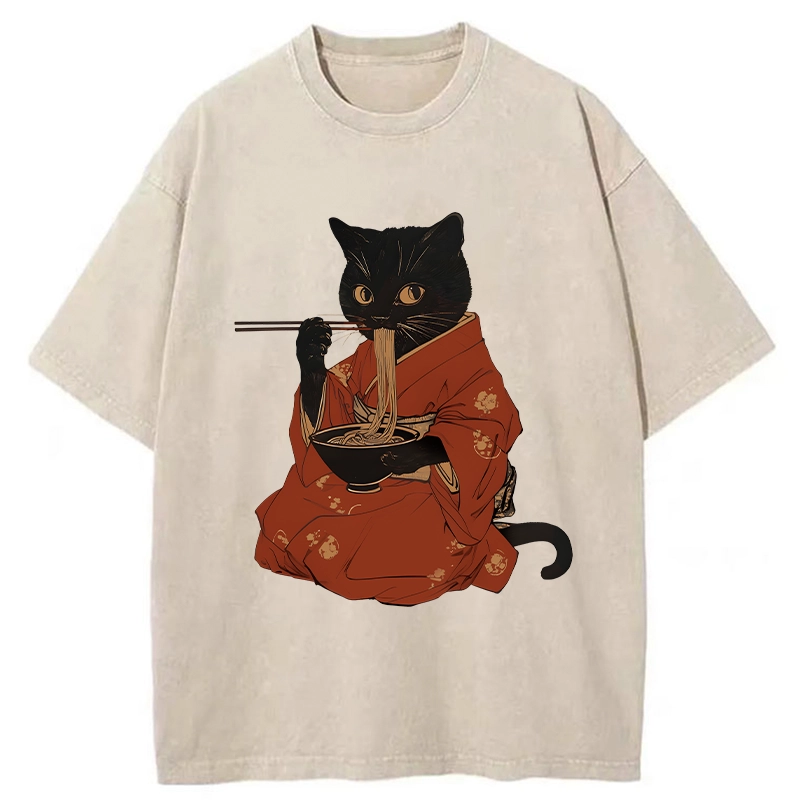 Tokyo-Tiger Cat Addicted To Ramen Washed T-Shirt