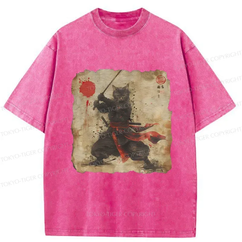 Tokyo-Tiger Retro Japanese Samurai Cat Washed T-Shirt