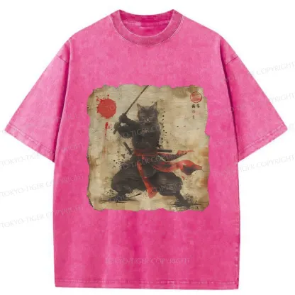 Tokyo-Tiger Retro Japanese Samurai Cat Washed T-Shirt