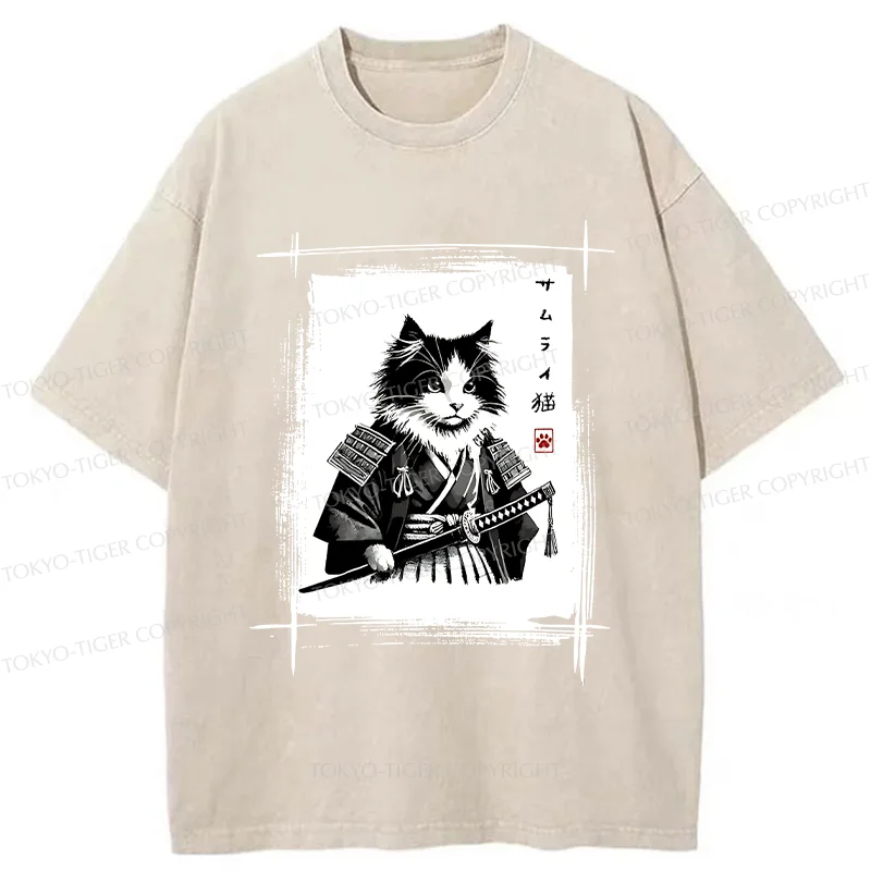 Tokyo-Tiger Tuxedo Samurai Cat Washed T-Shirt