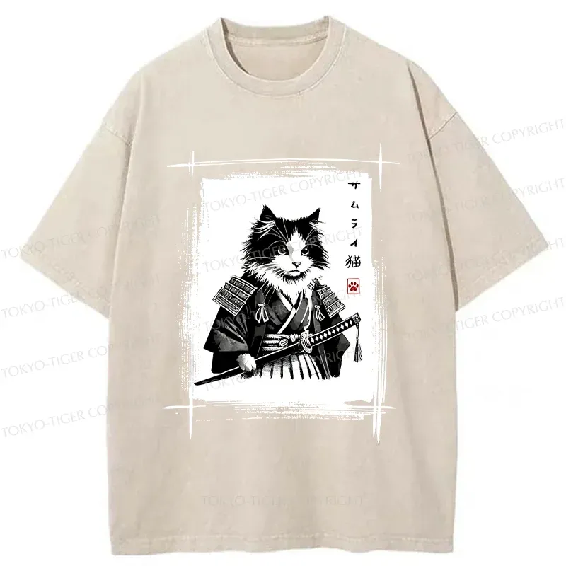 Tokyo-Tiger Tuxedo Samurai Cat Washed T-Shirt