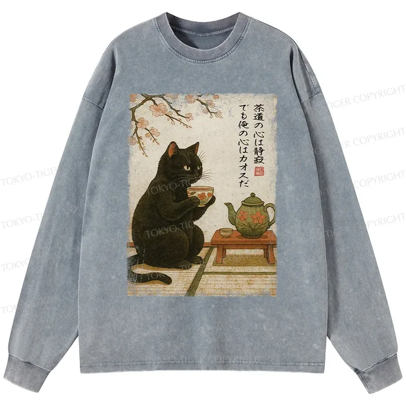 Tokyo-Tiger Tea Time With A Black Cat Washed Long Sleeve T-Shirt