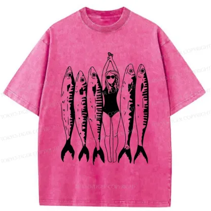 Tokyo-Tiger Swimming People And Fish Washed T-Shirt