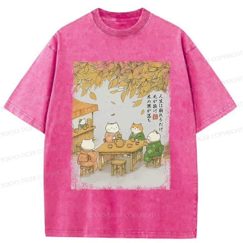 Tokyo-Tiger Cats Drinking Tea Under The Tree Washed T-Shirt