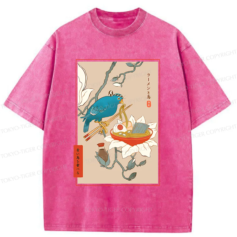 Tokyo-Tiger Bird Eating Ramen Washed T-Shirt