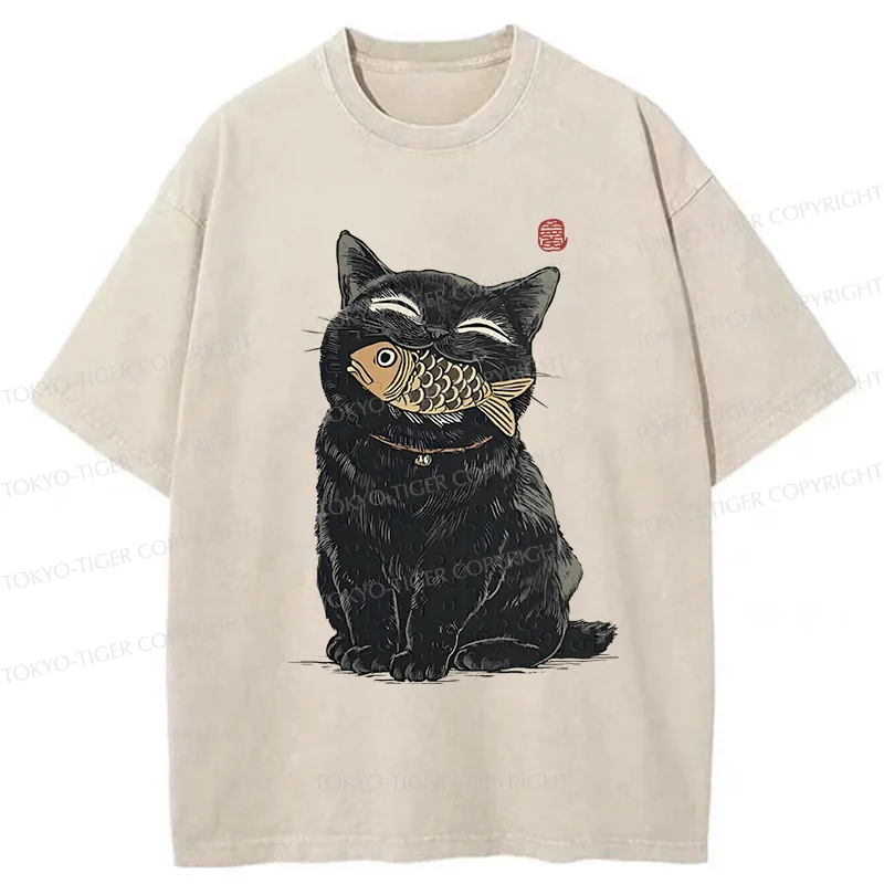 Tokyo-Tiger Happy Black Cat Washed T-Shirt