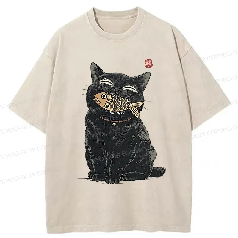 Tokyo-Tiger Happy Black Cat Washed T-Shirt