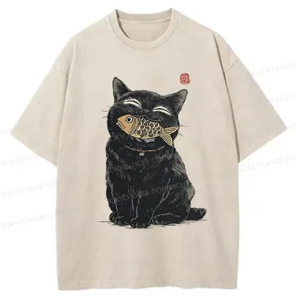 Tokyo-Tiger Happy Black Cat Washed T-Shirt