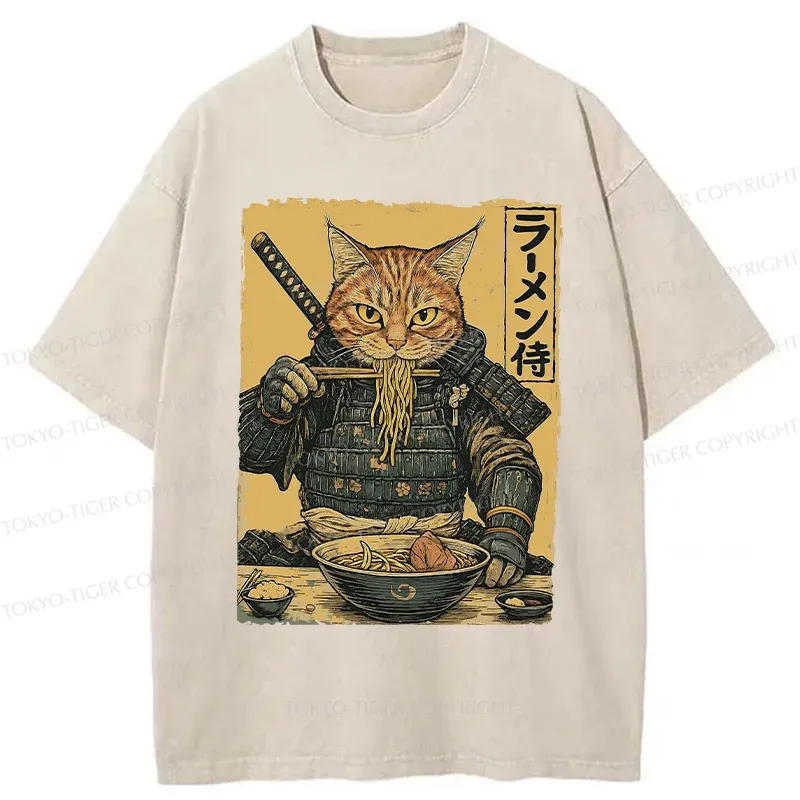 Tokyo-Tiger Cat General Eating Ramen Washed T-Shirt