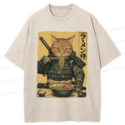 Tokyo-Tiger Cat General Eating Ramen Washed T-Shirt
