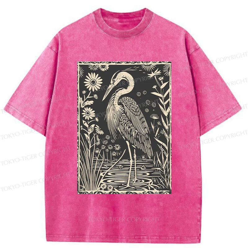 Tokyo-Tiger Woodcut Crane Japan Washed T-Shirt
