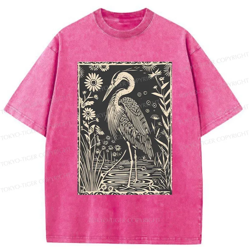 Tokyo-Tiger Woodcut Crane Japan Washed T-Shirt