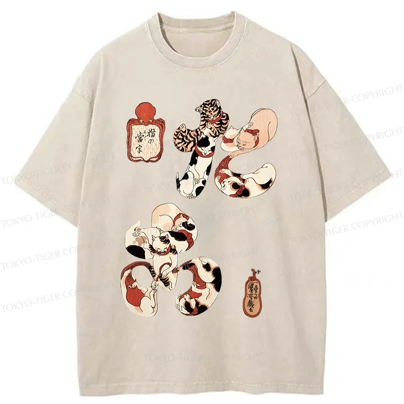 Tokyo-Tiger Funny Cat Kanji Washed T-Shirt