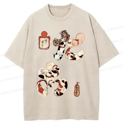 Tokyo-Tiger Funny Cat Kanji Washed T-Shirt