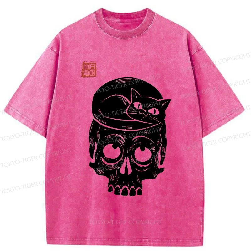 Tokyo-Tiger Woodcut Cat And Skeleton Washed T-Shirt