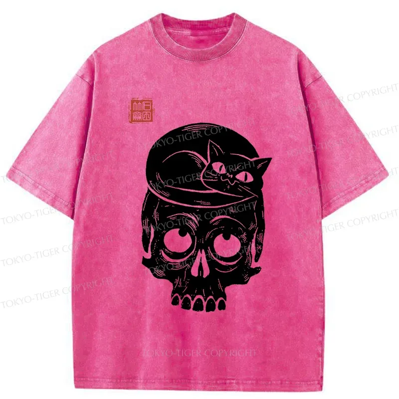 Tokyo-Tiger Woodcut Cat And Skeleton Washed T-Shirt