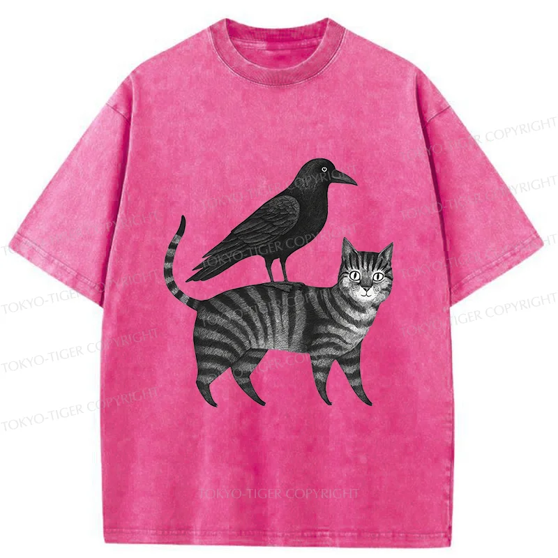 Tokyo-Tiger Crow Riding A Cat Washed T-Shirt