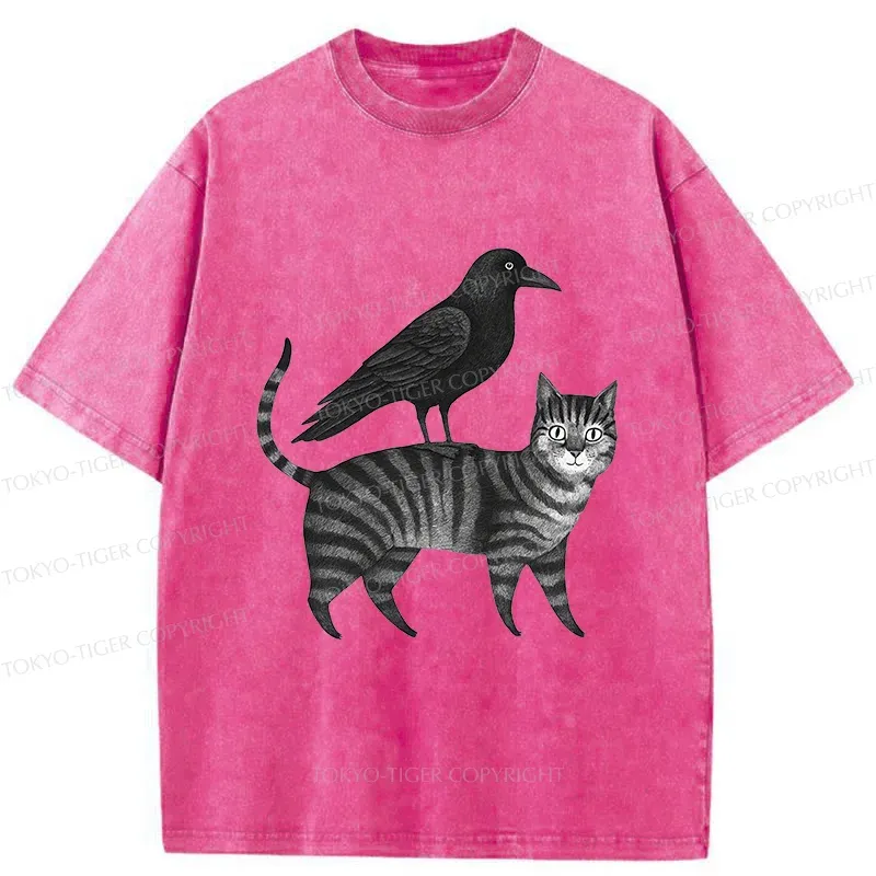 Tokyo-Tiger Crow Riding A Cat Washed T-Shirt
