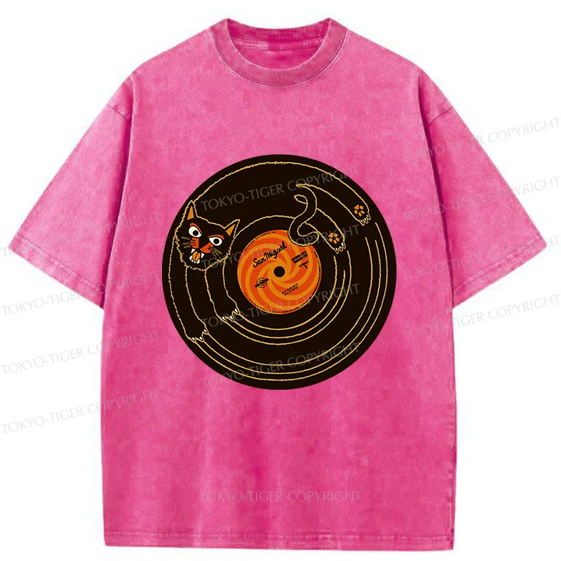 Tokyo-Tiger Cat Scratching Record Washed T-Shirt