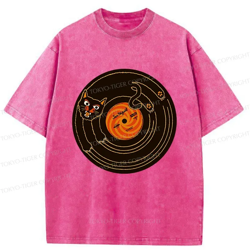 Tokyo-Tiger Cat Scratching Record Washed T-Shirt