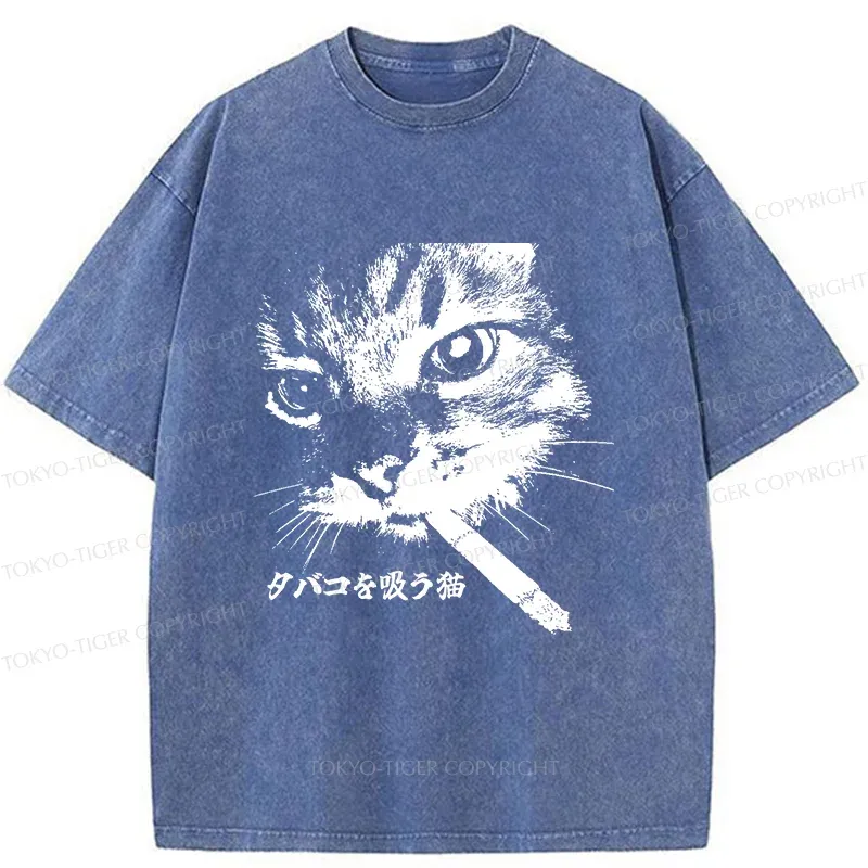 Tokyo-Tiger Retro Cat Smoking Washed T-Shirt