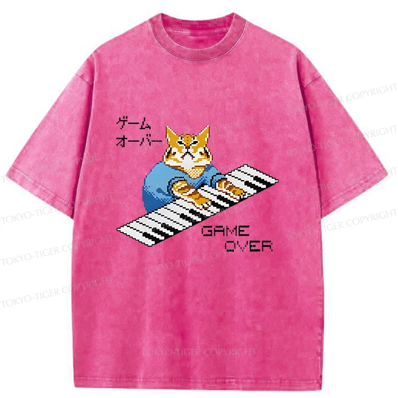 Tokyo-Tiger Cat Playing The Piano Washed T-Shirt