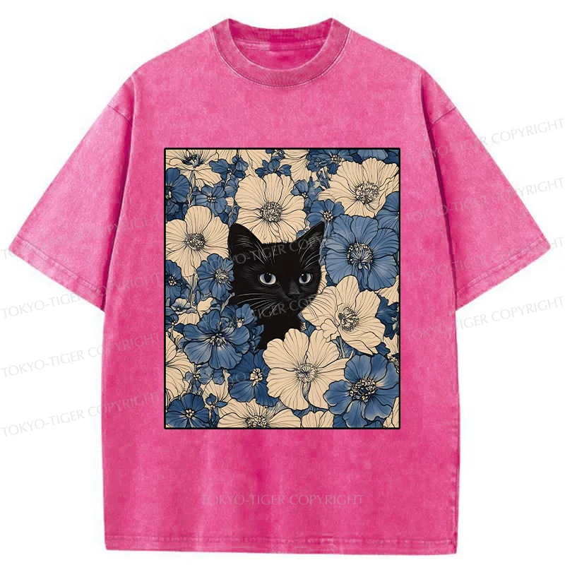 Tokyo-Tiger Cat In The Flowers Washed T-Shirt