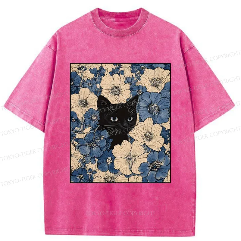 Tokyo-Tiger Cat In The Flowers Washed T-Shirt