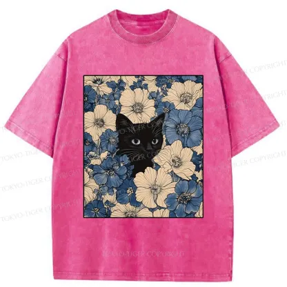 Tokyo-Tiger Cat In The Flowers Washed T-Shirt