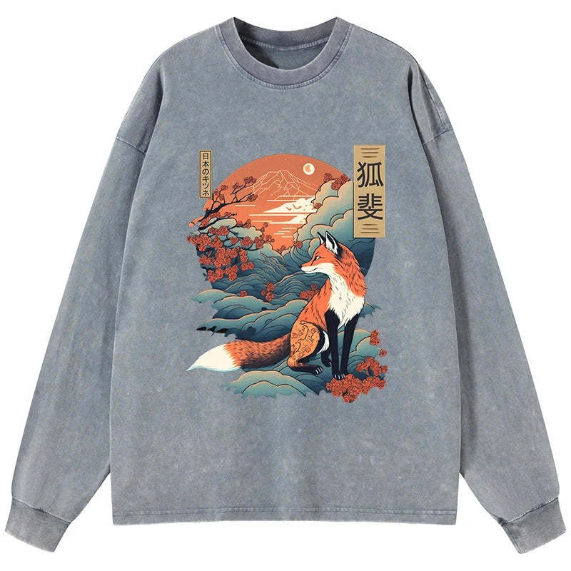 Tokyo-Tiger Japanese Kitsune Fox Sakura Washed Long Sleeve T-Shirt