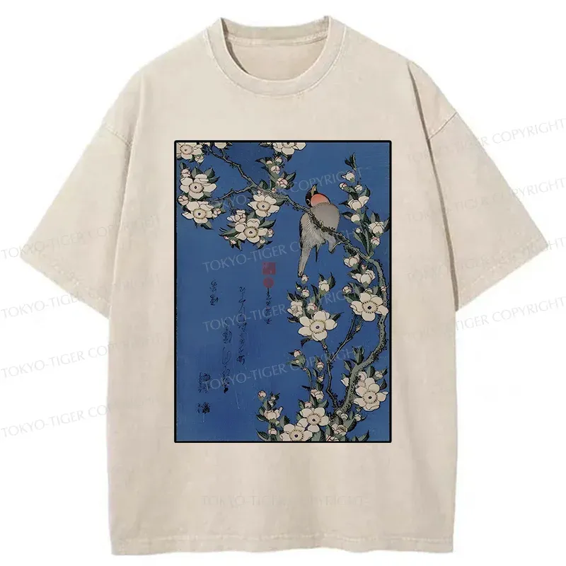Tokyo-Tiger Japanese Bird And Wood Painting Washed T-Shirt