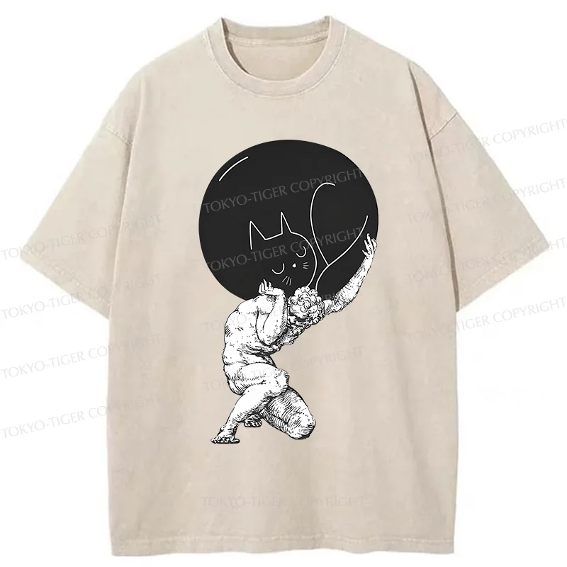 Tokyo-Tiger Stone Statue Holding A Cat Washed T-Shirt